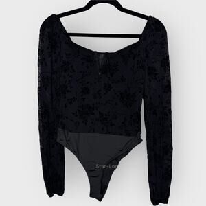 Lulus Regal Rendezvous Floral Bodysuit | Medium Black Mesh Long Sleeve Velvet
